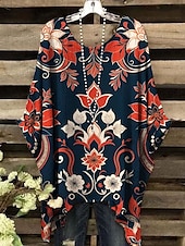 billige Blomstrete topper-Dame Bluse Blomstret Grafisk Elegant Årgang Daglig Kortermet Flaggermusermer Crew-hals Vanlige topper Daglig Ferie Strand Klær Gul Rød Blå Lilla Grønn Sommer Vår