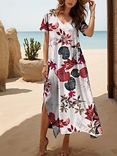 ieftine Rochii florale-Pentru femei Rochie Maxi Rochie casual Rochie de Vară Rochie A line Elegant Vacanță Casual Plajă Fit regulat Floral Grafic Frunză Manșon scurt În V Negru și Alb Galben Roșu-aprins Albastru piscină