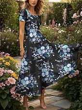preiswerte Blumenkleider-Damen Maxikleid Strickkleid Freizeitkleid A Linie Kleid Sommerkleid Elegant Urlaub Lässig Normale Passform Blumen Grafik Kurzarm Quadrathals Rundausschnitt Gelb Rote Blau Purpur Sommer Frühling