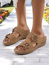cheap Comfort Sandals-Women’s Arch-Support Wedge Sandals with Floral Cutout and Massage Insole, Comfortable Daily Wear for Shopping, Vacation and Summer Picnics