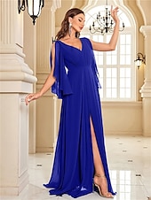 olcso KÉK-A-vonalú Quinceanera Ruhák Elegáns Ruha Formális Esküvői Padlói Hosszú Ujjú V Kivágású Chiffon V Hátsó Fodros Hasítékkal