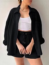 voordelige Korte sets voor dames-Dames Elegant Modieus Streetwear Katoenen linnen sets Lange mouw Overhemdkraag Effen Kleur Buiten Werk Casual Zwart Paars Oranje Zomer Ruim Passend