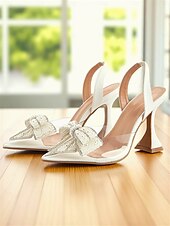 economico tacchi kitten-Scarpe con tacco a spillo bianche da donna con cinturino posteriore e fiocco di perle - décolleté trasparenti con punta affilata per un appuntamento romantico o per eleganti outfit quotidiani