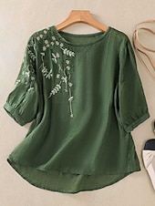 abordables Chemises-Femmes Chemises en coton et lin Couleur Unie Basique Occasionnel Manche 3/4 Col ras du cou Hauts Réguliers Quotidien Broderie Jaune Violet Vert Gris Été