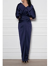 economico Lunghezza del pavimento-Abito da sposa a sirena/tromba, elegante, semplice e minimalista, con scollo a V, colletto a trapezio, lunghezza al pavimento, in raso elasticizzato, mezza manica, con dettagli arricciati e spacco