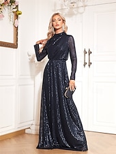 billiga BLÅ-A-linje stretchig paljett sjöjungfru / trumpet aftonklänning elegant klänning formell bröllopsklänning golvlång långärmad hög hals imitation hals med drapering 2025