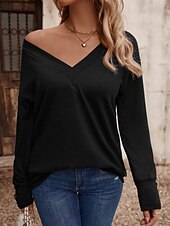 billige Plain t-skjorte-Dame Bluse Helfarge Stilfull Fritid Langermet V-hals Vanlige topper Daglig Knapper Svart Hvit Vin Militærgrønn Navyblå Sommer Vår