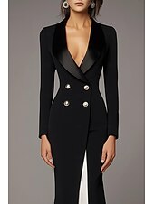 economico Lunghezza del pavimento-Abito Madre della Sposa Nero e Bianco Sirena  Tromba Abito Tuxedo Elegante Semplice Minimalista Seta Revers Lunghezza Intera Crepe Tessuto Elasticizzato Manica Lunga con Bottoni Metallici