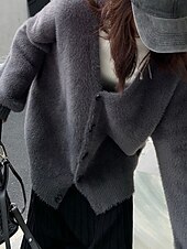 abordables Cardigans et vêtements d&#039;extérieur-Femmes Pull Cardigan Mode Couleur Unie Côtelé Col en V Tricoté manche longue Hauts Réguliers Tricoter Fête Sortir Week-end Noir Gris foncé Hiver