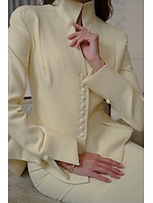 economico Set di abiti per la mamma-Abito da madre della sposa a sirena/tromba in due pezzi, abito peplo, elegante, semplice e minimalista, scollo a V, collo alto, lunghezza tè, tessuto elasticizzato in crêpe, maniche lunghe con bottoni