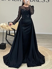 preiswerte Rosa-Meerjungfrauenschnitt Abendkleid Elegant Kleid Karneval Formell Bodenlang Langarm Illusionsausschnitt Abnehmbar Satin mit Perlen Überrock 2025