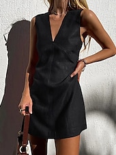 abordables concevoir des robes en coton et lin-Robe courte 100 % coton pour femme, coupe droite, décontractée, pour soirée, tous les jours, vacances, coupe classique, unie, sans manches, col en V, chanvre, noir, blanc, rouge, été