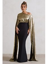 baratos PRETO-vestido de capa preto estilo sereia/trompete, elegante, formal, casamento, cauda longa/escova, um ombro só, tecido lurex, crepe elástico com detalhes franzidos 2025