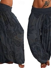 baratos perna larga e cintura alta-Mulheres Calças Calças Harem Calça Palazzo Moda Boho Comprimento total Cintura Média Imprimir Cintura elástica Confortável Micro-Elástica Rua Roupa Diária Para Noite Preto Amarelo Vermelho Azul