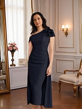 abordables Longueur du thé-Robe fourreau  colonne robe mère de la mariée robe formelle élégante vintage épaule unique longueur thé tissu extensible manches courtes avec appliques plissées robe de derby robe de jour de course