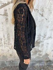 abordables Blazers y Trajes-Mujer chaqueta Transpirable Cómodo Encaje Retazos Casual Plano Oficina Calle Casual Ropa Cotidiana Frente Abierto Regular Cuello Vuelto Ajuste regular Manga Larga Ropa de calle Negro Blanco Verano