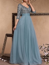 baratos AZUL-Vestido de Gala em A Vestido Elegante Formal Casamento Comprimento do Chão Manga 3/4 Decote em V Com Lantejoulas com Lantejoulas