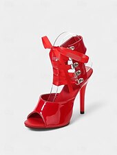 Недорогие Ночнаявечеринка-женские черные лакированные босоножки на шпильке со шнуровкой - сексуальные вырезы на высоком каблуке с пряжками для ночных клубов и вечеринок на крыше