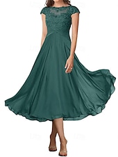 billiga Te Längd-A-linjeformad bröllopsfestmammas klänning elegant enkel krage ankellängd chiffon kort ärm med veck solid färg