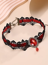 abordables Collier pour femme-Collier ras du cou gothique en dentelle pour femme avec pendentif en pierre rouge, bijou vintage en velours noir pour fête d&#039;Halloween et cosplay costumé