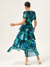 olcso Elegáns virágos ruhák-női esküvői vendégbuli maxi sifon ruha v nyakú, lenge többszínű, virágmintás, sötétzöld, vintage elegáns, egy vonalú, többszínű, fodros, tortaszoknya, derékban szűkített, rugalmas hátrészű ruha