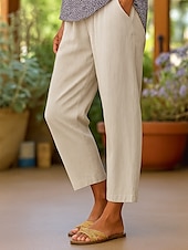 economico Pantaloni in lino e cotone semplici-Pantaloni da donna in cotone e lino, stile etnico vintage, alla caviglia, vita alta, tinta unita, comodi, traspiranti, morbidi, microelastici, verde militare, rosso scuro, nero, bianco, estivi, primaverili, vestibilità ampia.