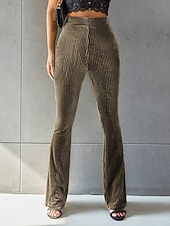 cheap Women's Flare Pants-Women's Corduroy Pants Bell Bottom Fashion Streetwear Full Length Natural Plain Elastic Waist Outdoor Comfortable Outdoor Street Weekend claret Deep Green Apricot Grey Fall Regular Fit