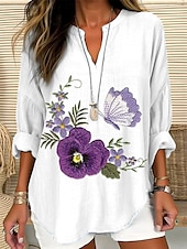 preiswerte Blumenoberteile-Damen Bluse Langarm Tuniken Floral Grafik 3D Bohemia Vintage Tropical V-Ausschnitt Reguläre Tops Tagesurlaub Strandmode Druck Weiß Gelb Rot Violett Sommer Frühling