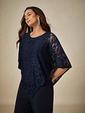 billige Dressy topper-Dame Bluse Dressy topper عادي Elegant Halvlange ermer Crew-hals Vanlige topper Bryllupsgjest Daglig Blonde Lapper Multi Layer Navyblå Sommer Vår