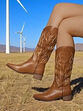levne Cowboy &amp; Western Boots-Dámské hnědé kovbojské boty ve westernovém stylu s klasickou výšivkou – vintage jezdecké boty do půli lýtek na ranč, country koncerty a každodenní nošení v přírodě