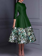 abordables Robes de cocktail-Robe cocktail élégante en A brodée floral robe formelle mariage longueur cheville manches longues col crew satin avec fente
