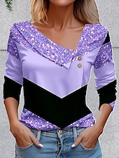 billige Stripe og geometrisk t-skjorte-Dame T skjorte Grafisk Geometrisk Årgang Stilfull Grunnleggende Langermet Asymmetrisk hals Vanlige topper Daglig Ut på byen Helg Knapper Rosa Blå Lilla Grønn Sommer Vår