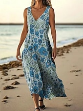 abordables Robes Floraux Imprimés-Femmes Robe Longue Maxi Robe Robe Décontractée Robe débardeur Robe d&#039;été africain Quotidien Fête Plage Coupe régulière Fleuri Sans manches Col en V Jaune Bleu Vert foncé Vert Été