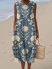abordables Robes fleuries-Femmes Robe Midi Robe d&#039;Été Robe fourreau Robe trapèze Vacances Occasionnel Boho Soirée Sortir Plage Coupe Ample Fleuri Graphique Sans manches Col Rond Bleu Ciel Blanc et Violet Rose Claire Bleu Ét