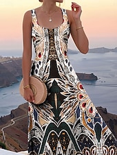 tanie Sukienki boho-Damskie Sukienka maxi Sukienka A line Sukienka z odkrytymi ramionami Urlop Codzienny Styl plażowy Impreza Wyjściowe Plaża Regularny Graficzny W Tureckie Wzory Bez rękawów Kwadratowy dekolt Czarny