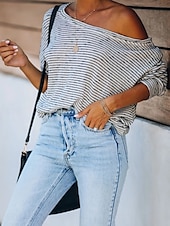 ieftine Tricou cu dungi și geometric-Pentru femei Bluză Dungi Stilat Casual Manșon Lung Stil Nautic Topuri obișnuite Zilnic Imprimeu Negru Gri Vară Primăvară Toamnă