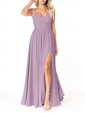 baratos Vestidos para Madrinhas-Vestido de dama de honra em corte A, decote em V, sem mangas, elegante, longo, em chiffon com pregas / frente aberta / franzido 2025