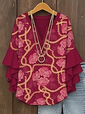 billige Blomstrete topper-Dame Bluse Blomstret Grafisk Elegant Daglig Fritid 3/4 ermer V-hals Vanlige topper Daglig Ferie Trykt mønster Gul Rød Blå Lilla Grønn Sommer Vår Høst