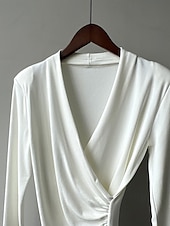 abordables Hauts Unis pour Femmes-Femmes Chemisier Uni Moderne Occasionnel manche longue Col en V Hauts Réguliers Quotidien Fête Froncé Noir Blanche Marron clair Automne