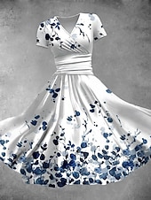 abordables Robe Fleurie-Femmes Robe Midi Robe fourreau Robe d&#039;été Élégant Vacances Occasionnel Coupe régulière Fleuri Graphique Manche Courte Col en V Rouge Bleu Bleu clair Été Printemps