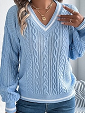 preiswerte Einfarbige Farben-Damen Pullover Lässig Farbblock Gerippt V Ausschnitt Patchwork Gestrickt Langarm Normale Oberteile Stricken Täglich Ferien Ausgehen Weiß Blau Herbst