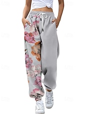 abordables pantalones cargo de mujer-Mujer pantalones Corte Recto Ropa de calle Casual Longitud total Cintura Media Flor Bolsillo Estampado Diseño de cordón elástico Al Aire Libre Cómodo Exterior Noche Gris Amarillo Rosa Verde Ejército