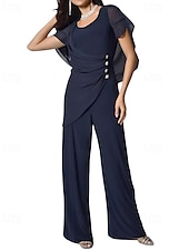 abordables Combinaisons pour maman-Combinaison cape / tailleur-pantalon robe mère de la mariée élégante simple minimaliste col rond longueur au sol mousseline manches courtes avec boutons en cristal 2025