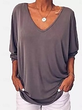 economico T-shirt semplice-T-Shirt Donna Colore Unito Stile Casual Manica Lunga Collo a V Top Regolari Giornalieri Bottoni Blu Nero Bianco Vino Verde Militare Estate Primavera Autunno