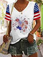 Χαμηλού Κόστους Ημέρα Ανεξαρτησίας Κορυφή-Ημέρα Ανεξαρτησίας Πατριωτικό Γυναικείο T-Shirt Γραφικό Σημαία Vintage Στυλάτο Κλασικό Κοντό Μανίκι V Λαιμός Κανονικά Μπλουζάκια Καθημερινά Σαββατοκύριακο Εκτύπωση Μαύρο Άσπρο Γκρι Καλοκαίρι Άνοιξη
