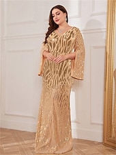 cheap CHAMPAGNE-Mermaid / Trumpet Plus Size Dresses Elegant Curve Dress Formal Wedding Floor Length Long Sleeve V Neck Polyester with Sequin