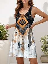 preiswerte Boho Kleider-Damen Minikleid Sommerkleid A Linie Kleid Urlaub Lässig Boho Outdoor Party Täglich Normale Passform Grafik Geometrisch Stammes Ärmellos U-Ausschnitt Weiß Gelb Rosa Blau Sommer Frühling