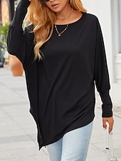 preiswerte Einfarbiges T-Shirt-Damen Hemd Mode Lässig Langarm Rundhalsausschnitt Lange Oberteile Täglich Patchwork Schwarz Rote Purpur Grün Grau Frühling Herbst