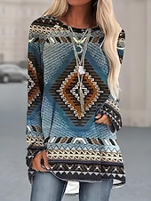 billige Boho t-skjorte-Dame T skjorte Blomstret Bohem Årgang Mote Langermet Crew-hals Lange topper Daglig Ut på byen Helg Trykt mønster Blå Vår, Høst, Vinter, Sommer