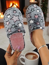 cheap Women&#039;s Slippers &amp; Flip-Flops-Women&#039;s Fuzzy Star Print Indoor Slippers – Cozy Faux Fur Winter House Shoes for Living Room, Bedroom &amp; Holiday Mornings